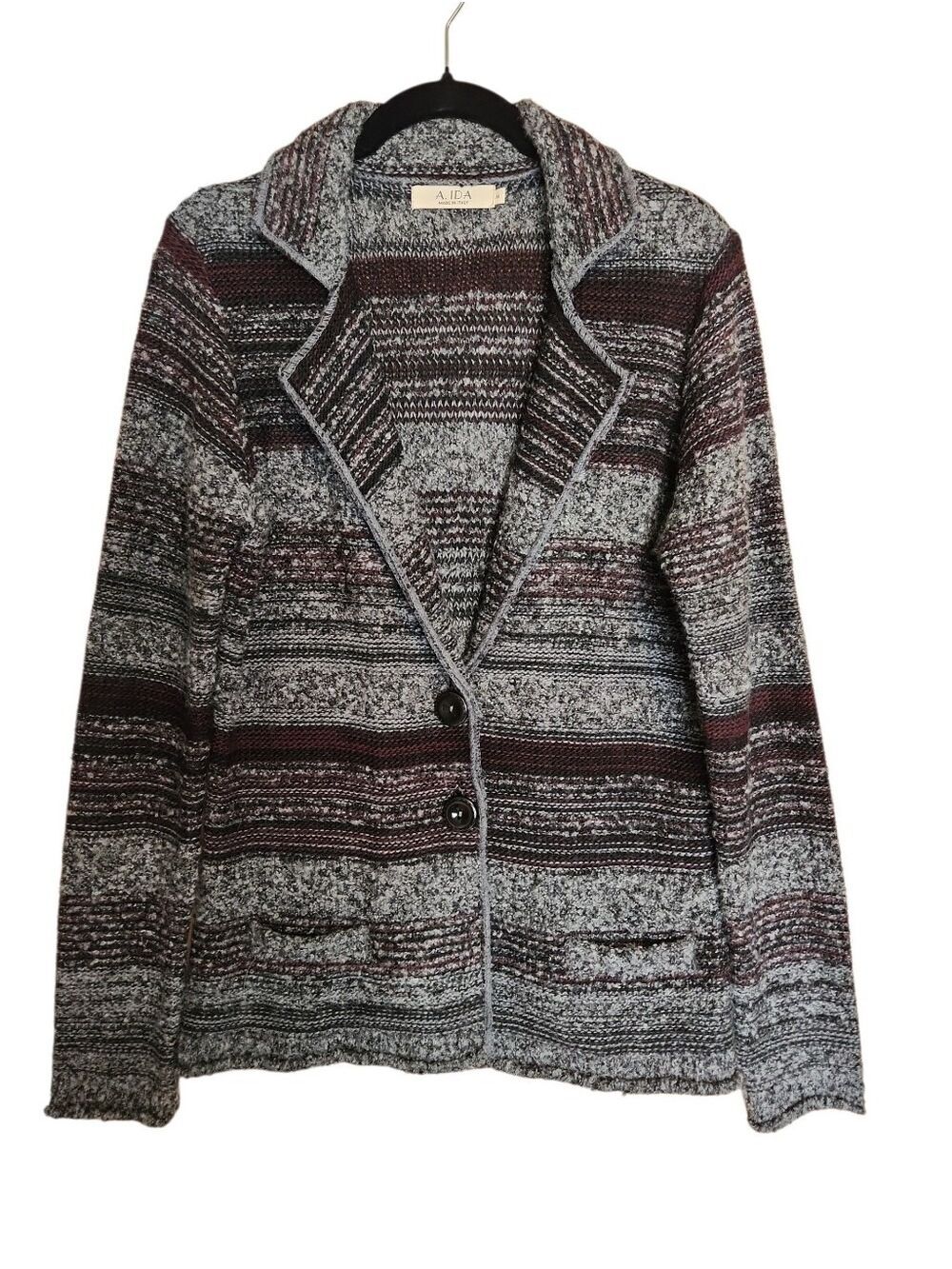 A IDA ITALY WOOL BLEND KNIT BLAZER STYLE CARDIGAN SWEATER GREY BURGANDY STRIPE M